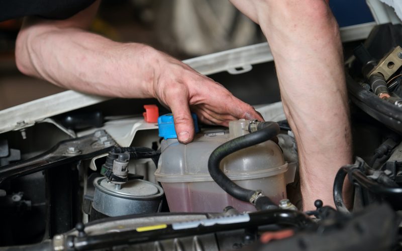 Car mechanic checking pulley on a car engine.